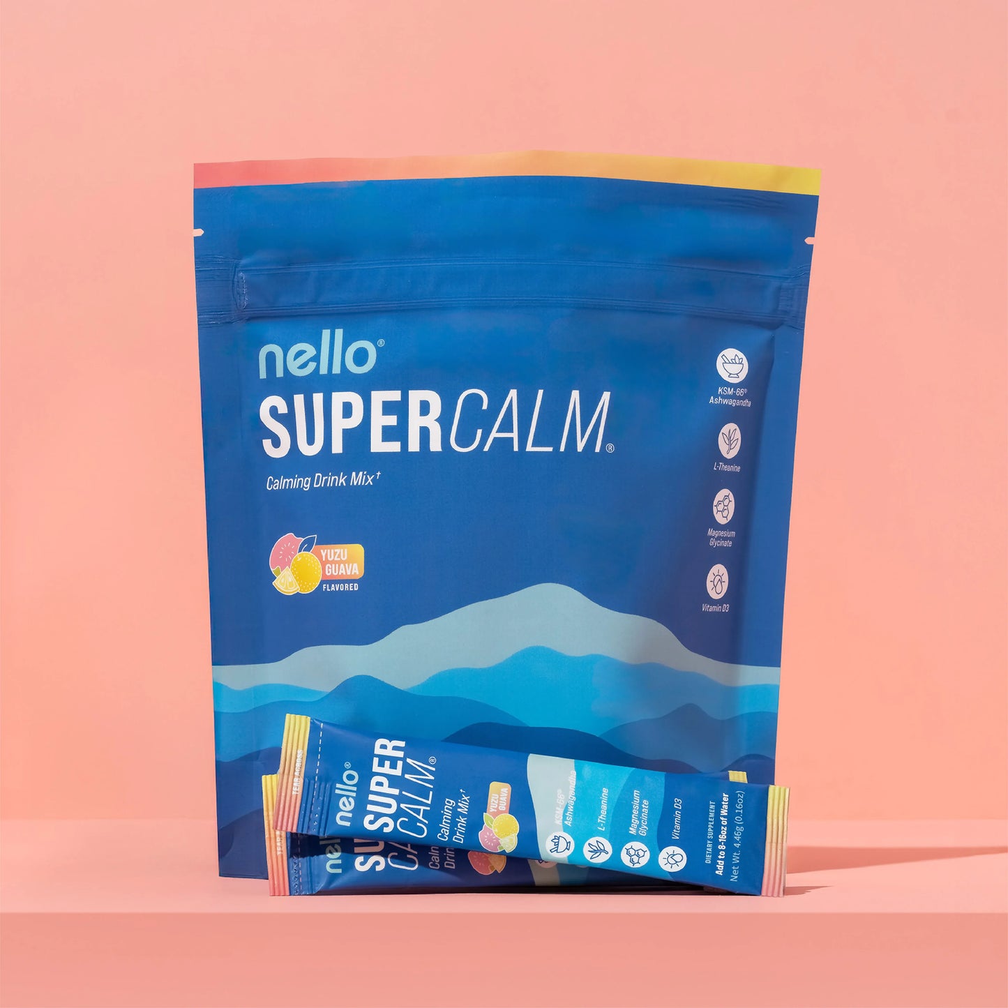 Nello SuperCalm - Ashwagandha con Sabor a Guayaba y Limón en Prácticos Paquetes.