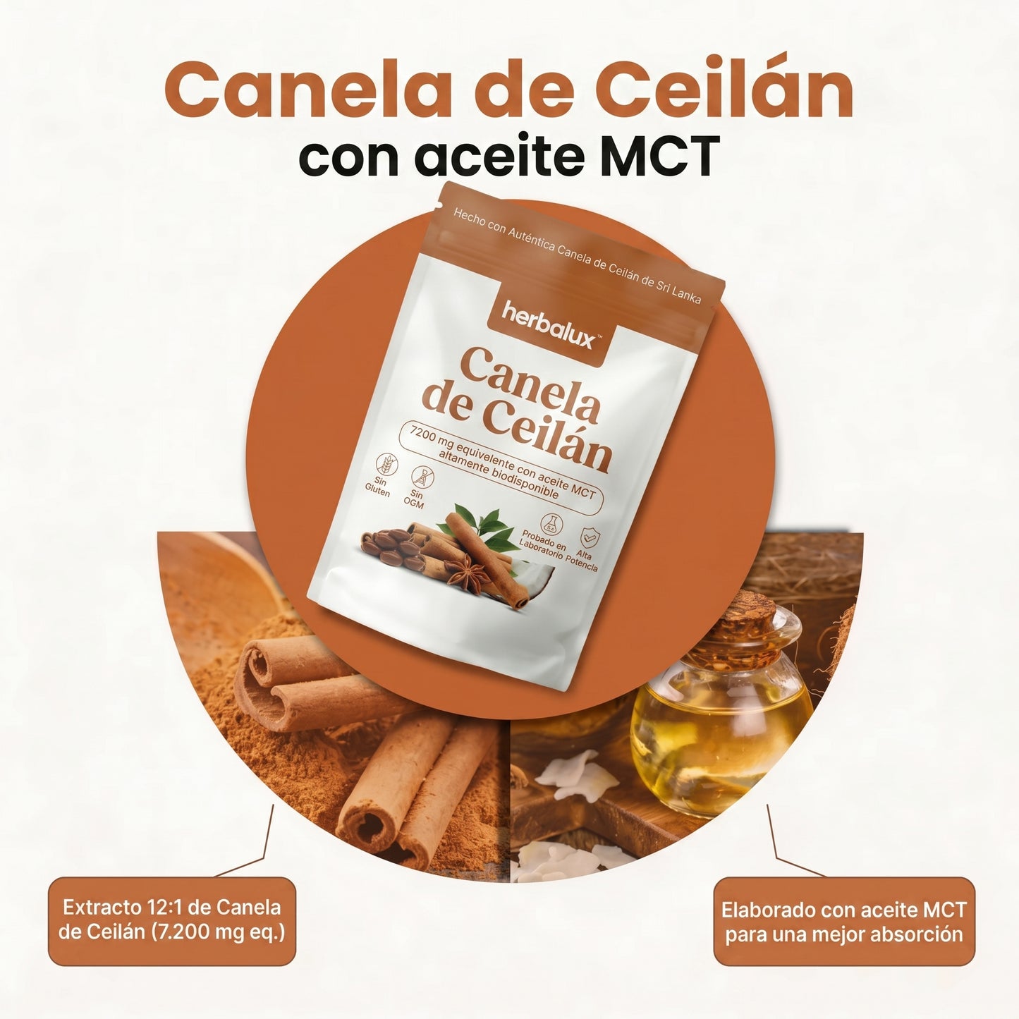 Canela De Ceilán Equivalente a 7,200 mg con Aceite MCT