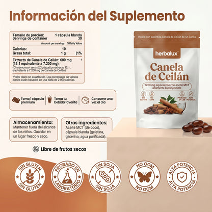 Canela De Ceilán Equivalente a 7,200 mg con Aceite MCT