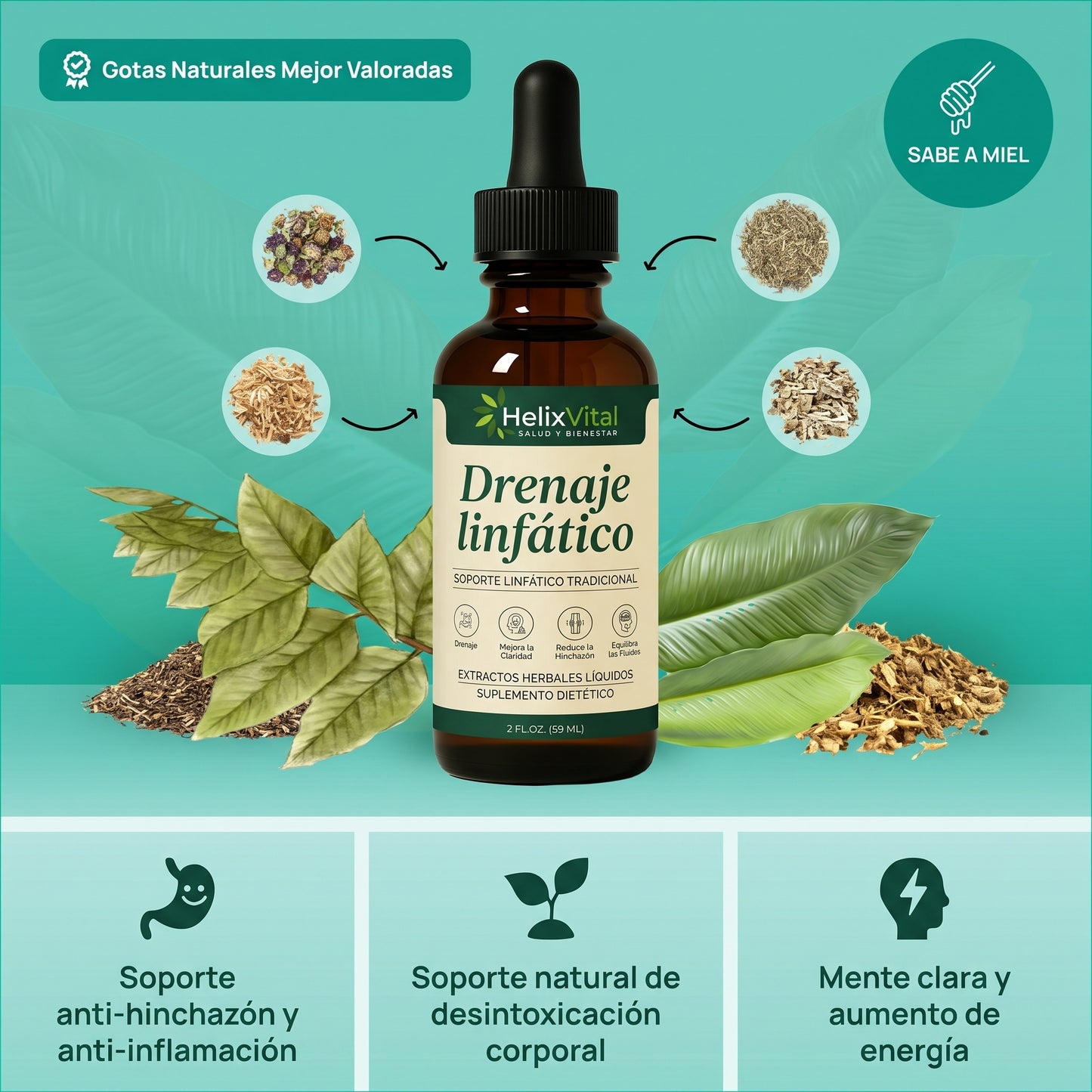 Lymph Drops de HelixVital™ — gotas de drenaje linfático con Cleavers, Bardana, Diente de León, Trébol Rojo y Equinácea.
