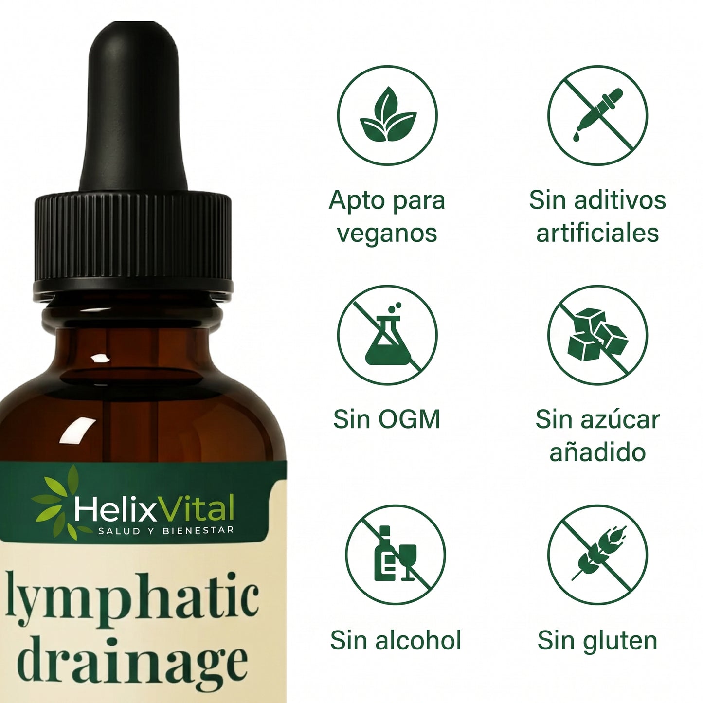 Lymph Drops de HelixVital™ — gotas de drenaje linfático con Cleavers, Bardana, Diente de León, Trébol Rojo y Equinácea.